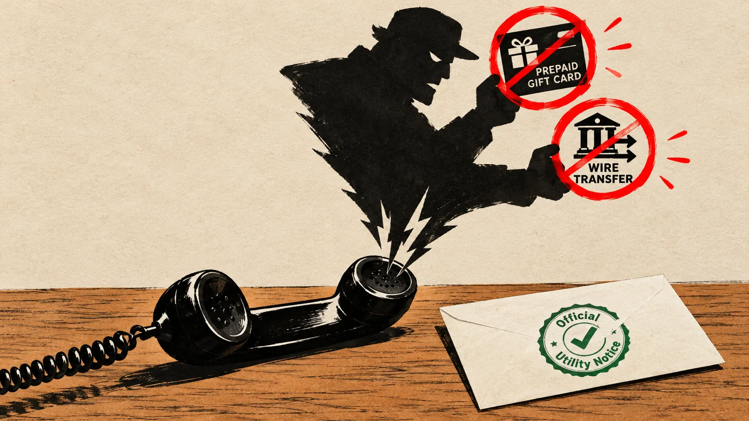 Illustration of a shadowy figure emerging from a phone handset holding banned gift card and wire transfer icons.