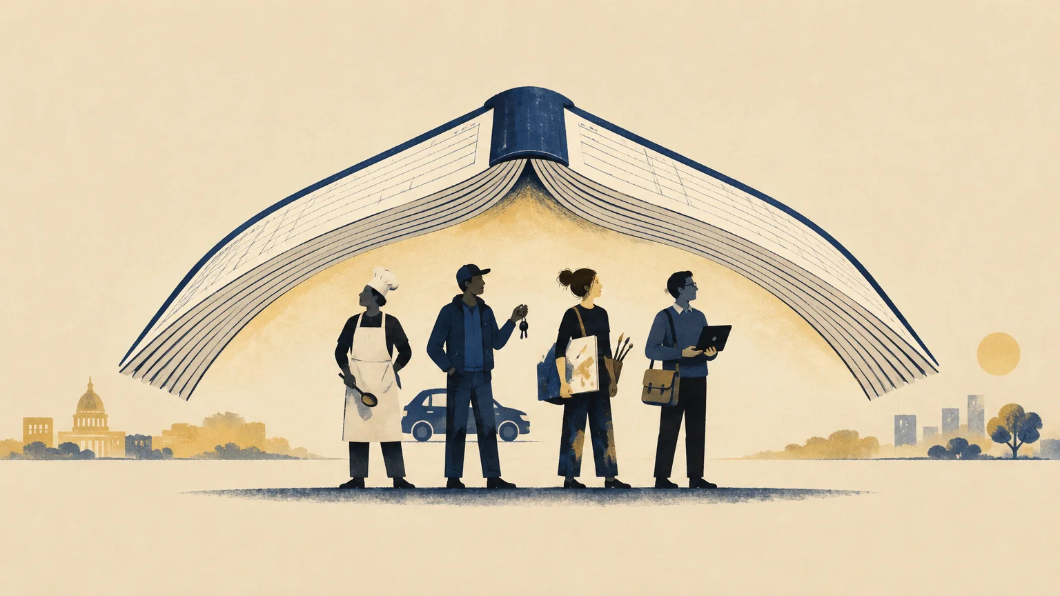 An open book arches like a roof over diverse workers including a chef, a driver, an artist, and a professional.