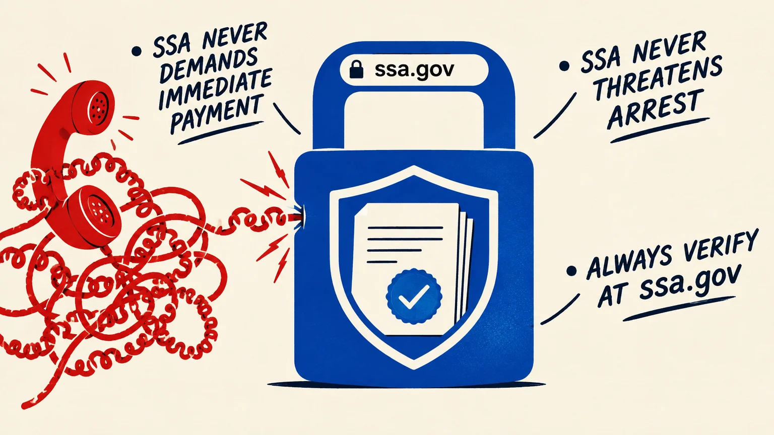Illustration of a red telephone receiver with tangled cord next to a blue padlock displaying documents and ssa.gov text.