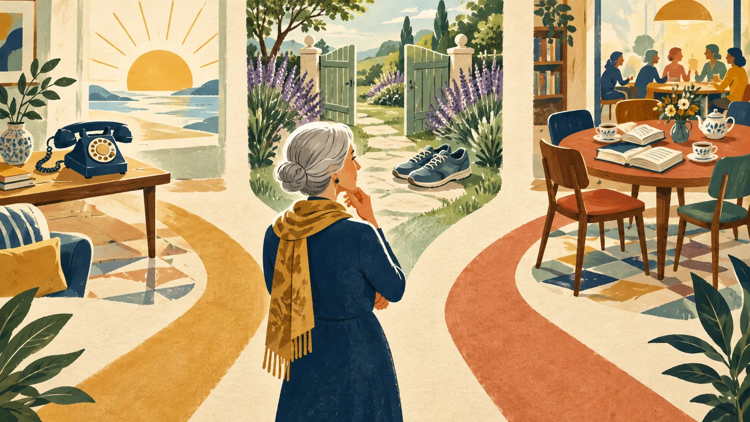 Illustration of an older woman standing at a crossroads of three paths leading to a phone, an outdoor garden, and a dining room.