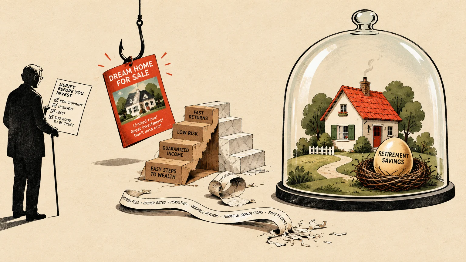 Illustration of a senior facing a real estate trap on a fishhook, next to a protected house inside a glass cloche.