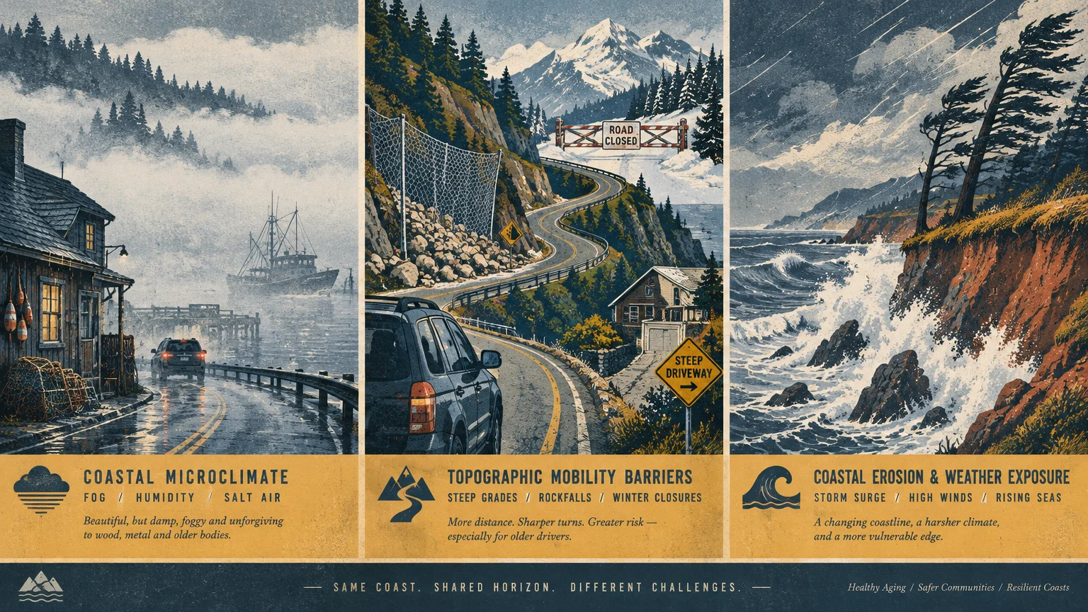 Three-panel screenprint depicting a foggy coastal road, a winding mountain pass with road closure, and stormy ocean waves.