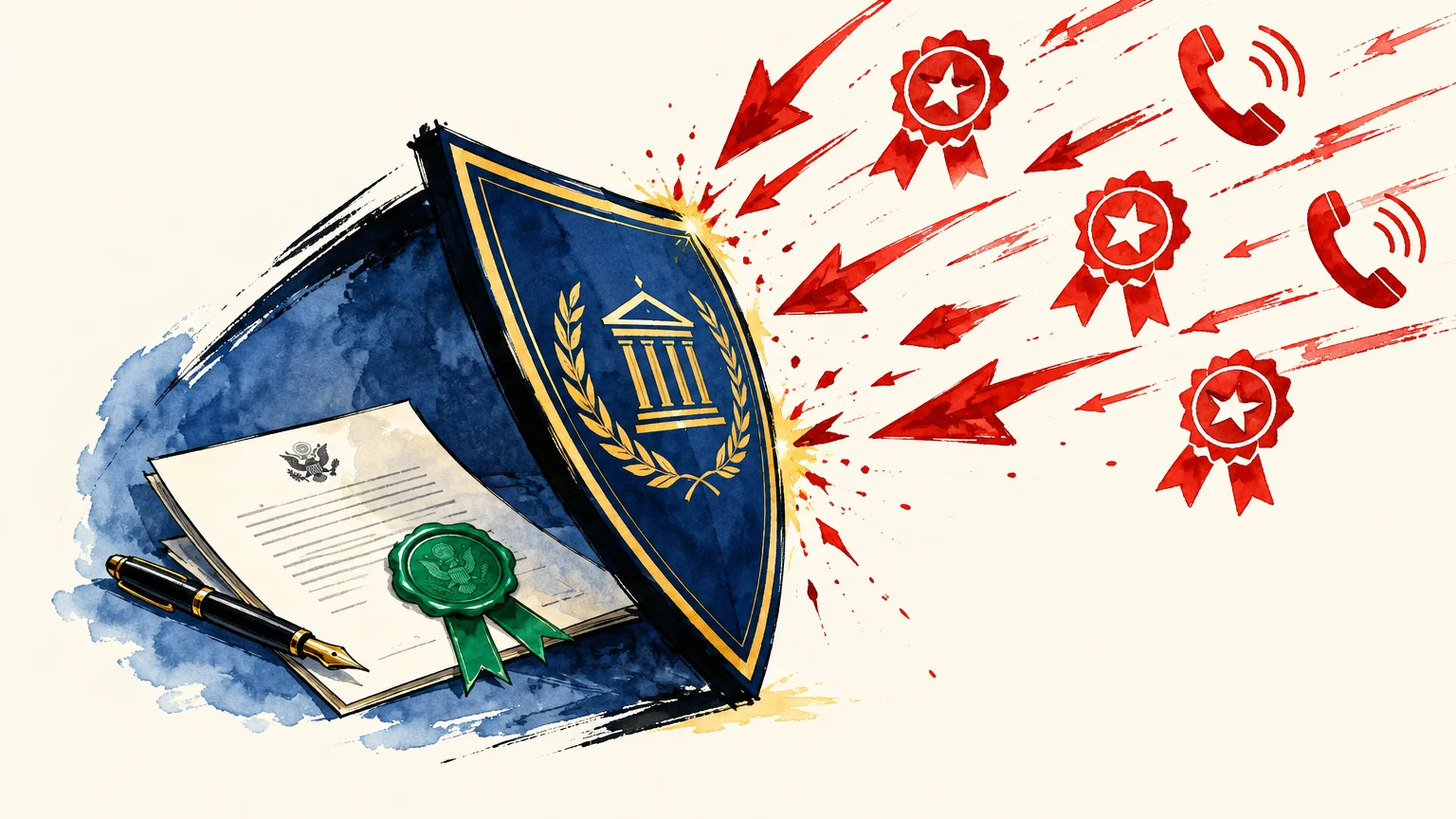 Illustration of a blue shield deflecting red arrows, phone icons, and ribbons away from an official document with a seal.