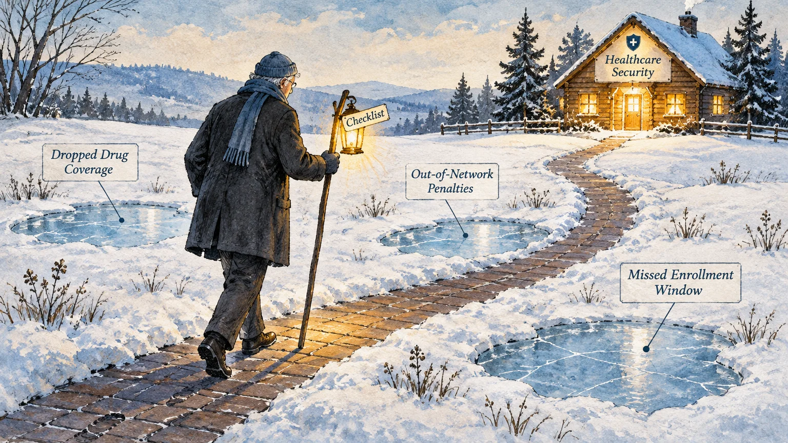 Illustration of an older man walking a path past icy traps toward a warm cabin labeled Healthcare Security in snow.