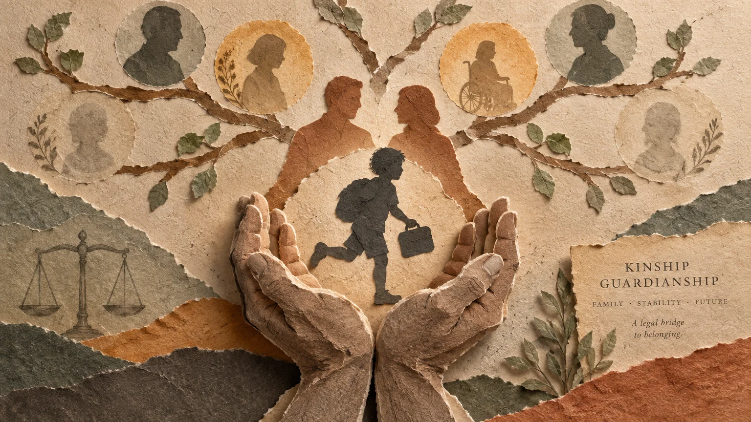 Paper collage of hands holding a child silhouette beneath a family tree with portraits and scales of justice.
