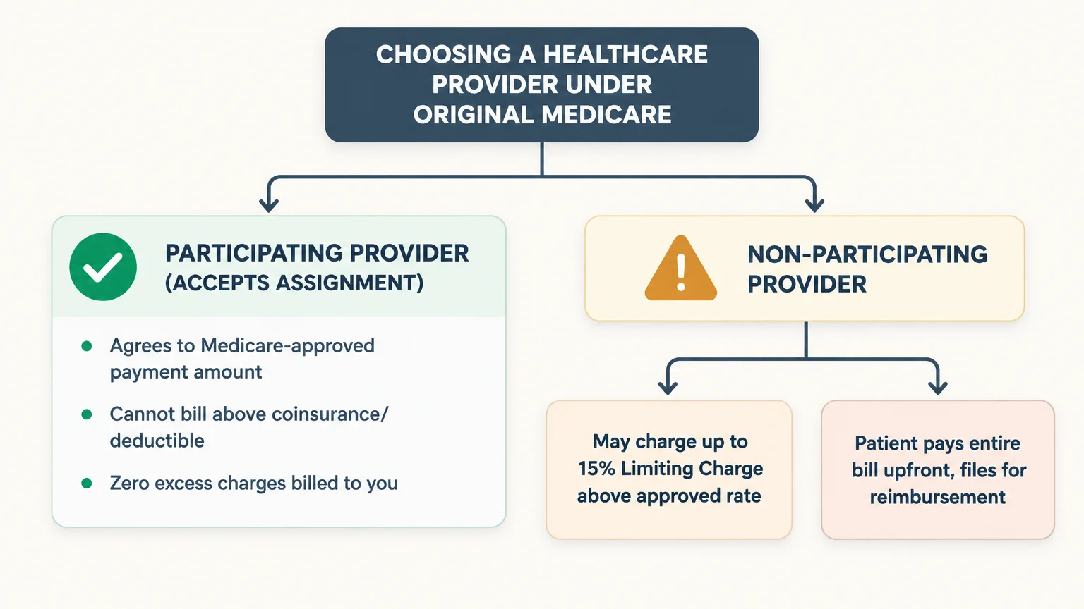 Diagram contrasting participating Medicare providers who accept assignment with non-participating providers who do not.