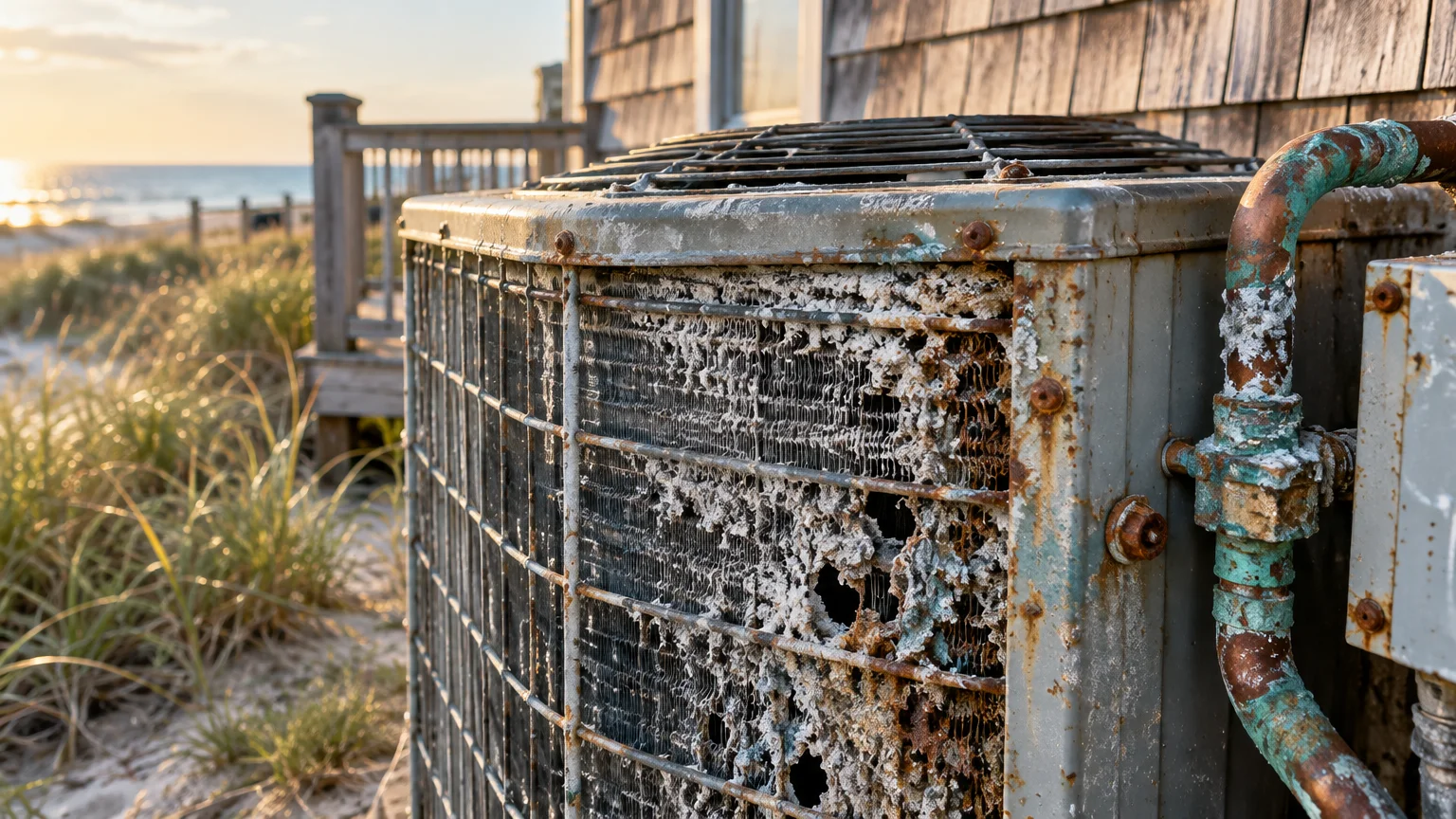 A heavily rusted and corroded outdoor air conditioning condenser unit sits outside a beach house near coastal dunes.