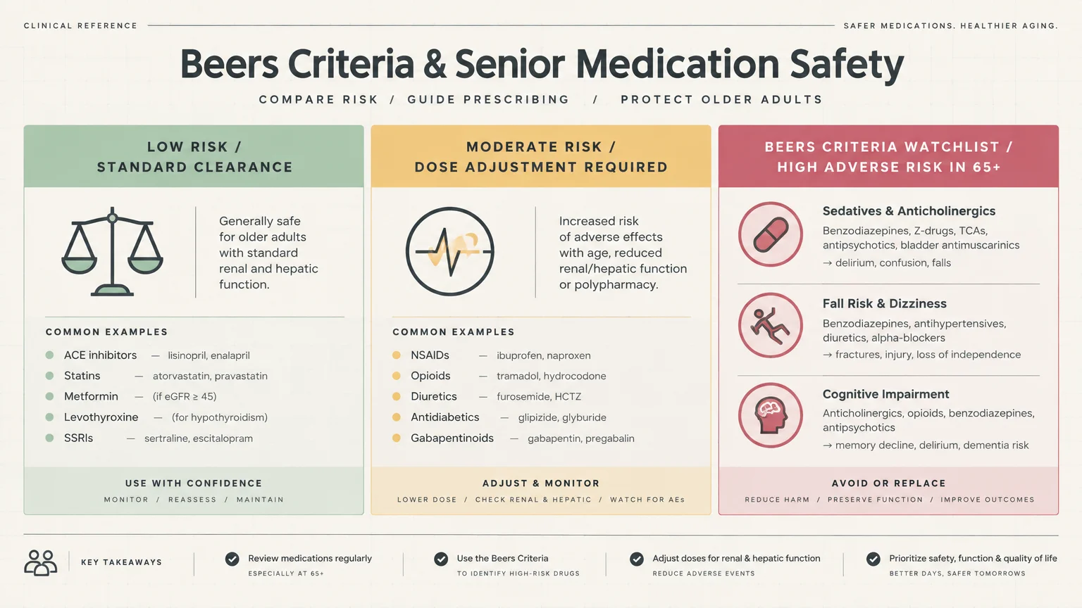 Diagram outlining Beers Criteria and senior medication safety across low risk, moderate risk, and high risk drug categories.