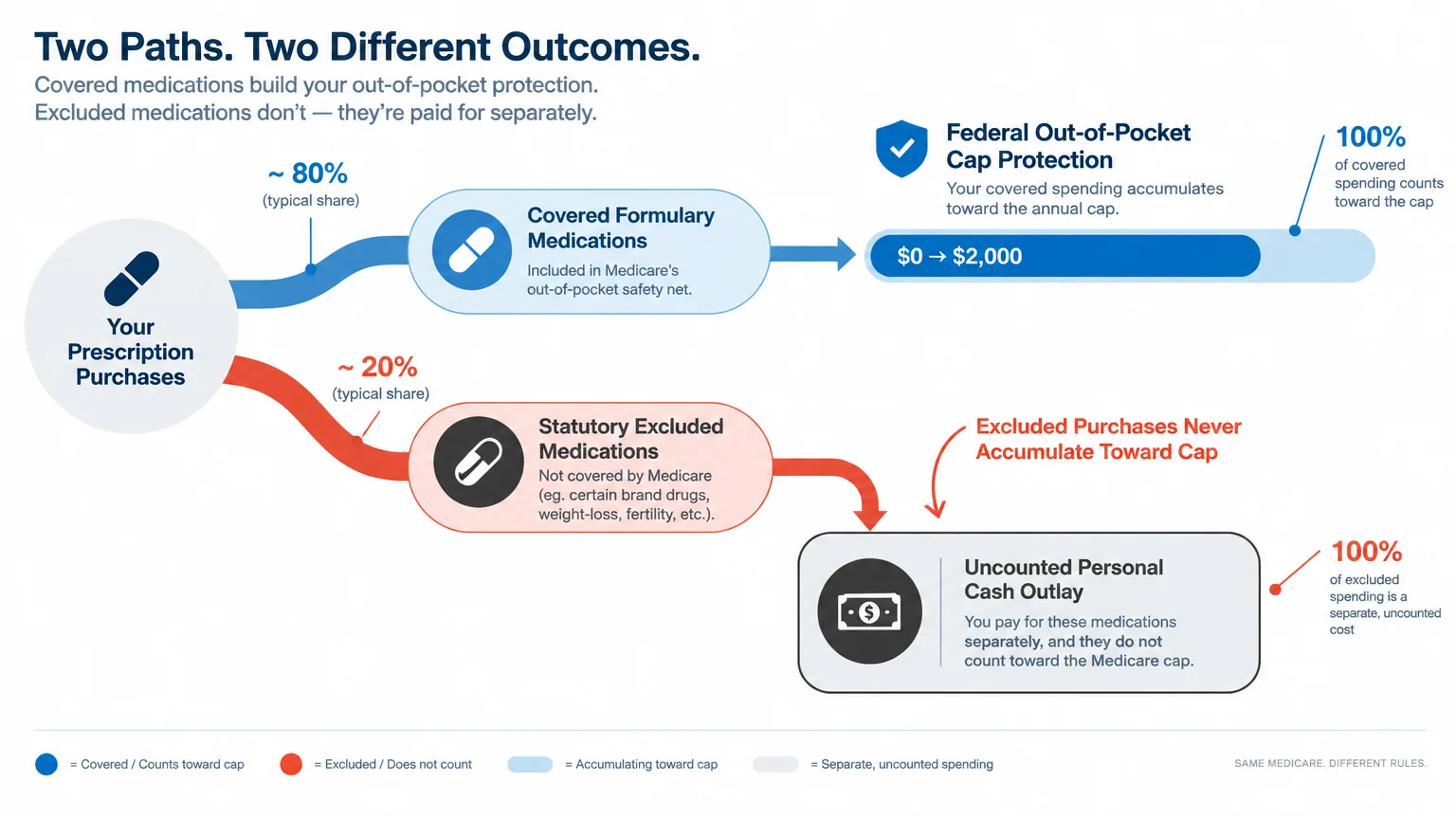 Flowchart comparing covered formulary medications that count toward a cap with excluded medications that do not.