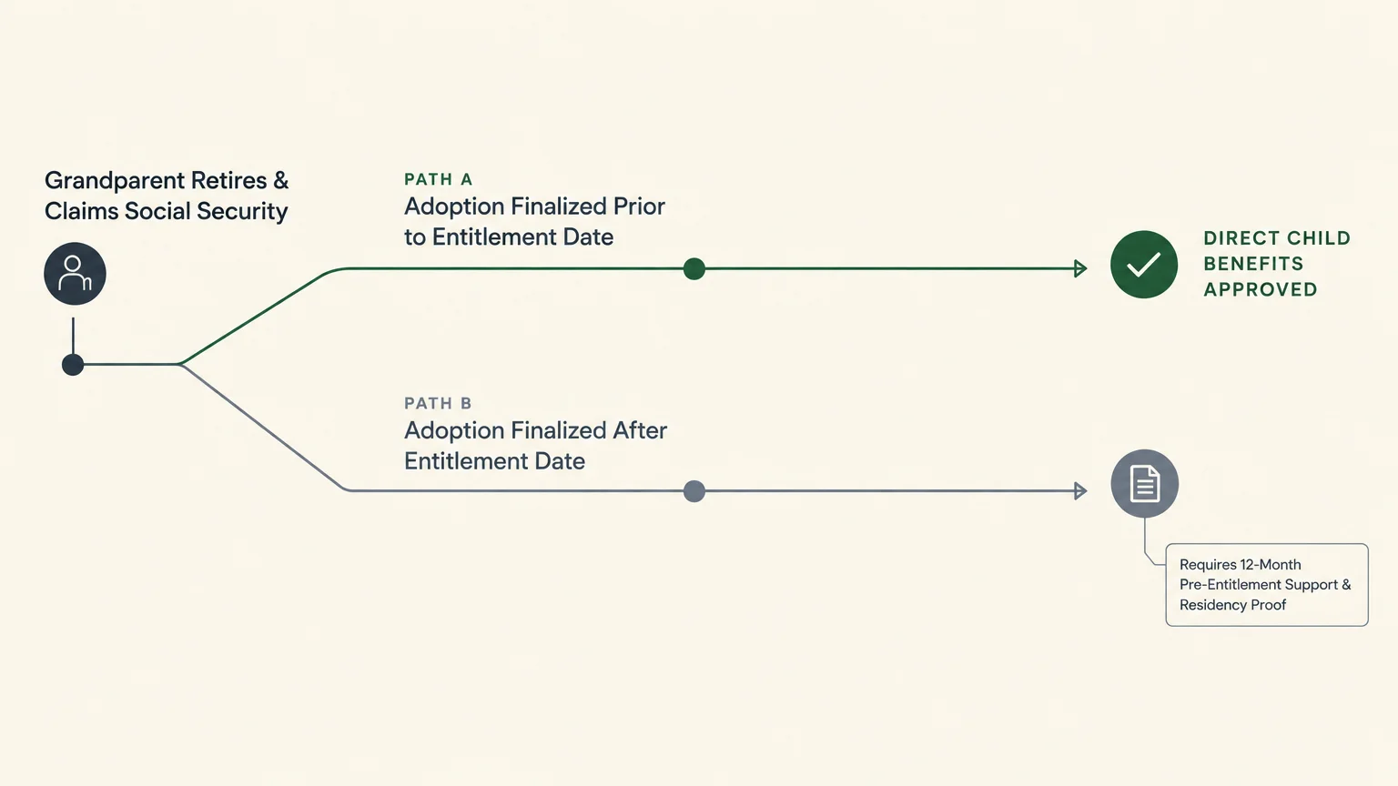 Flowchart comparing child benefit approval when adoption is finalized prior to versus after the Social Security entitlement date.