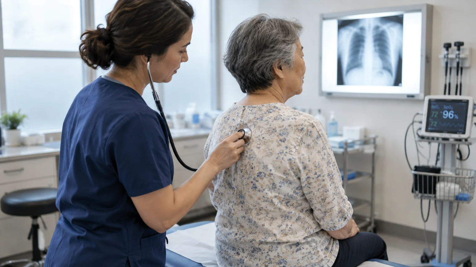 A doctor in blue scrubs examines an older patient's back with a stethoscope in a clinic with a chest X-ray displayed.