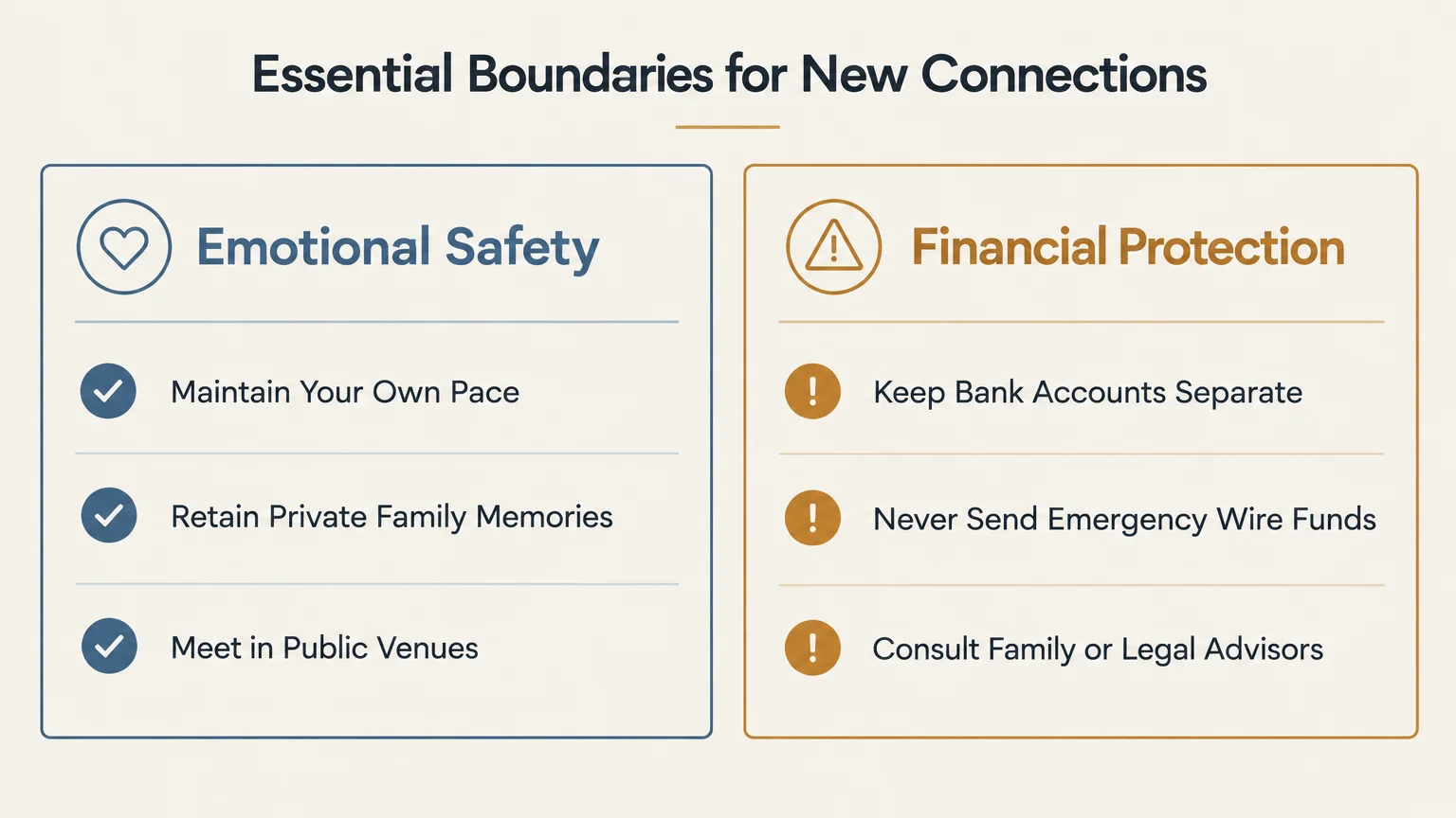 Two-column infographic titled Essential Boundaries for New Connections, listing Emotional Safety and Financial Protection tips.
