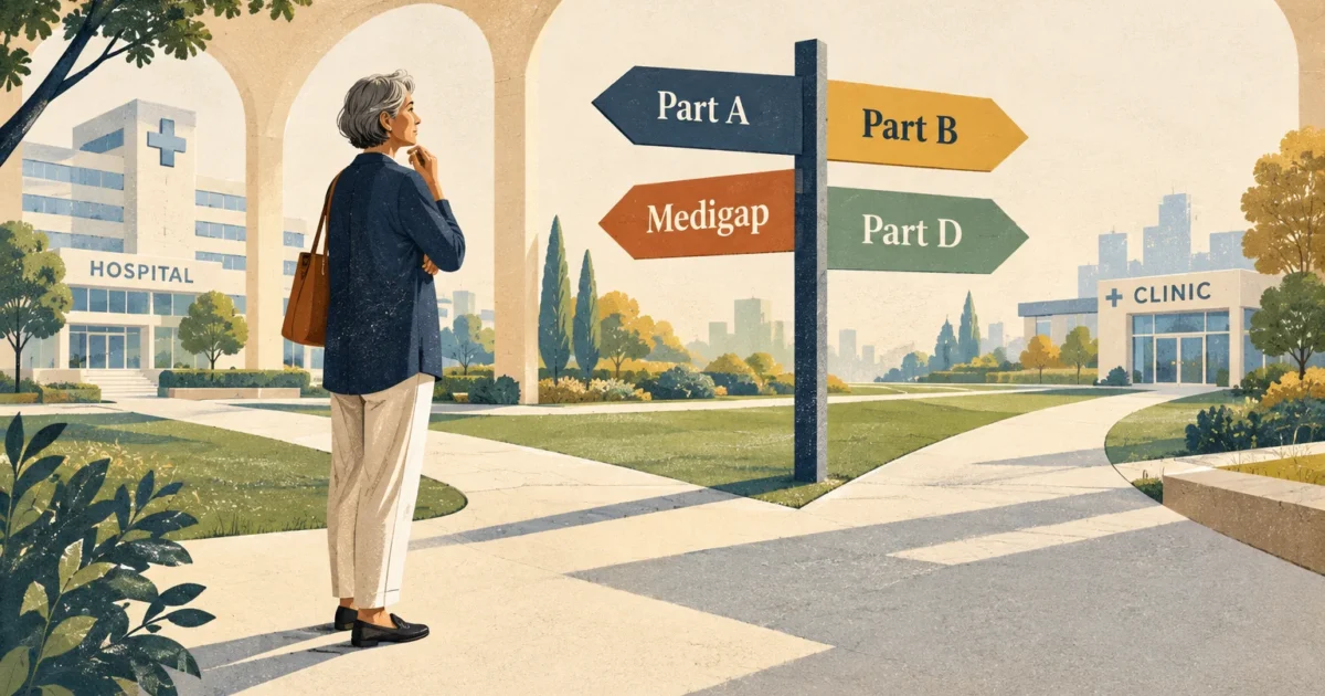 Illustration of an older woman standing at a crossroads looking at a signpost pointing to Part A, Part B, Medigap, and Part D.