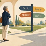 Illustration of an older woman standing at a crossroads looking at a signpost pointing to Part A, Part B, Medigap, and Part D.