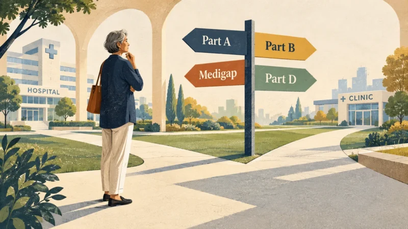 Illustration of an older woman standing at a crossroads looking at a signpost pointing to Part A, Part B, Medigap, and Part D.