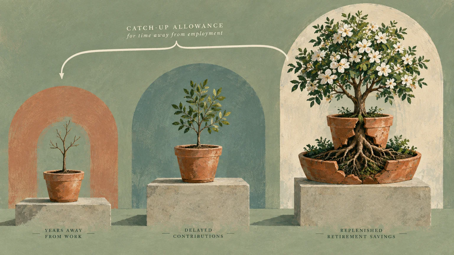 Illustration of three potted plants growing from bare twigs to a blooming tree breaking through its clay pot.