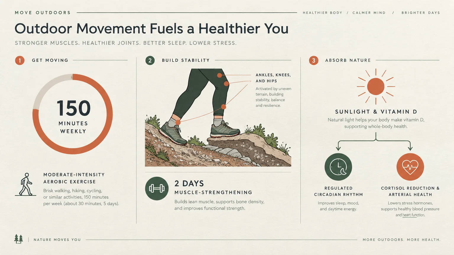 Infographic with three sections detailing weekly exercise minutes, trail hiking for joint stability, and sunlight benefits.