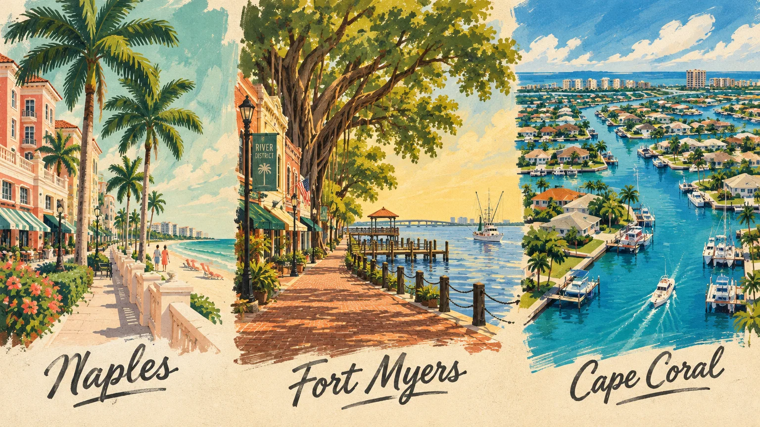 Three-panel vintage illustration depicting waterfront scenes labeled Naples, Fort Myers, and Cape Coral with boats and palms.
