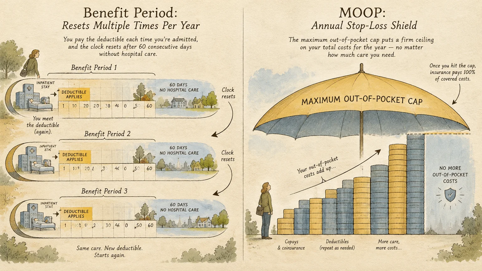 Infographic contrasting three benefit period deductible cycles with an umbrella capping stacks of out-of-pocket coins.