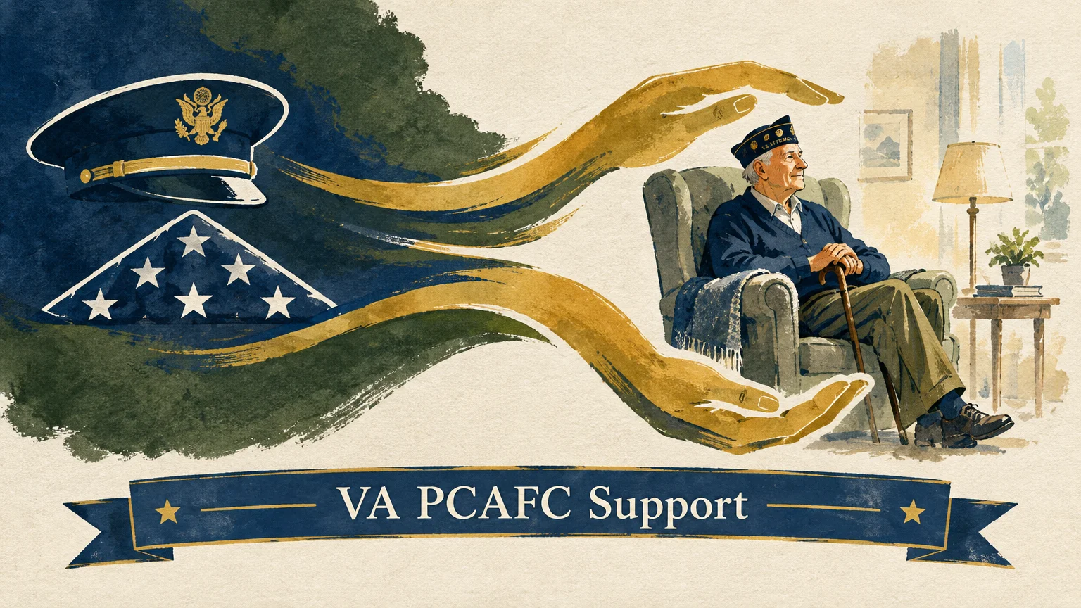 Illustration of an elderly veteran in an armchair protected by golden hands, beside a military cap and folded flag.