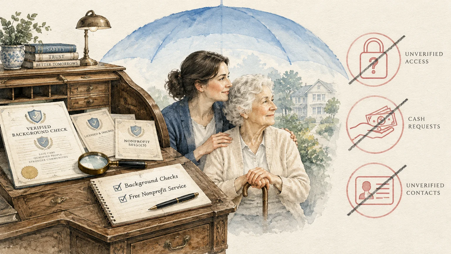 Illustration of a woman comforting a senior under an umbrella beside vetted documents and crossed-out scam warning icons.