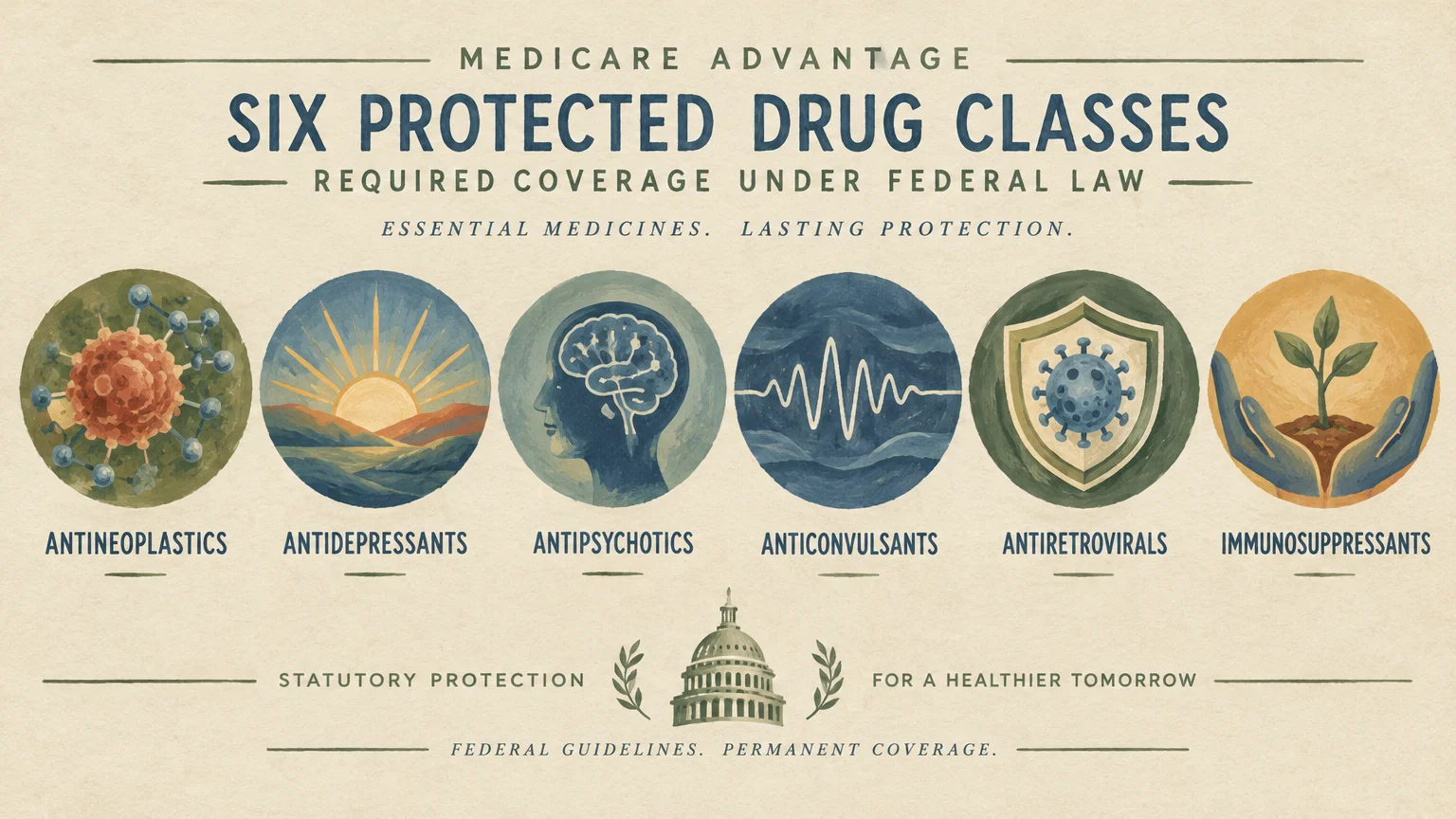 Six circular icons representing protected drug classes with text labels above an illustration of the U.S. Capitol dome.