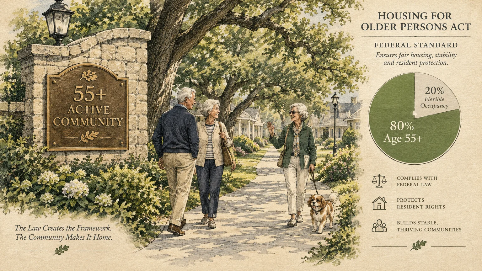 Illustration of seniors walking along a paved path past an entrance sign, next to a pie chart about housing regulations.