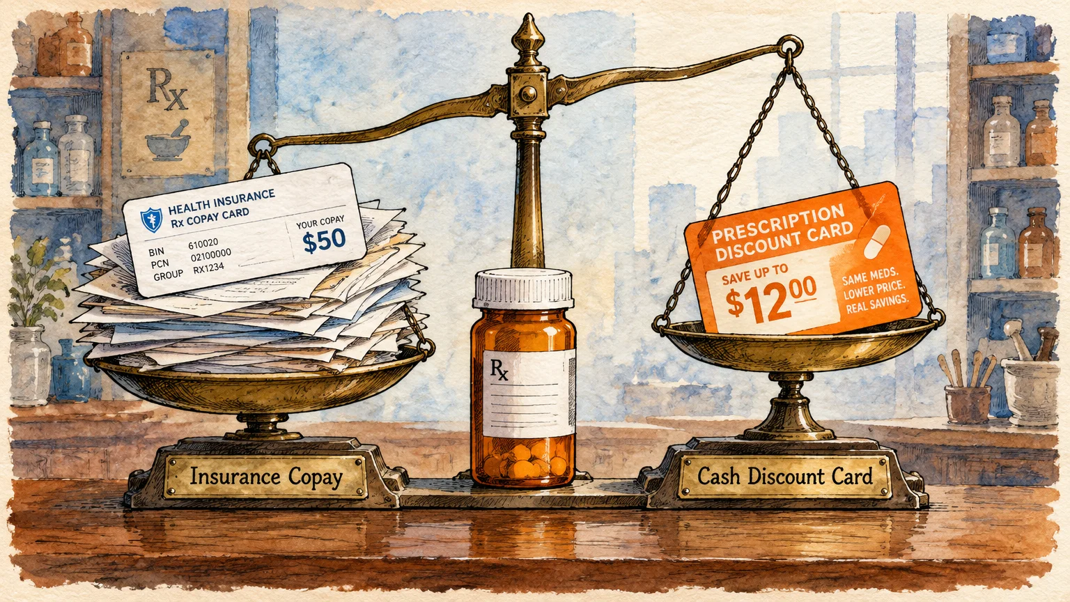 Illustration of a balance scale weighing an insurance copay card on paperwork against a prescription discount card.