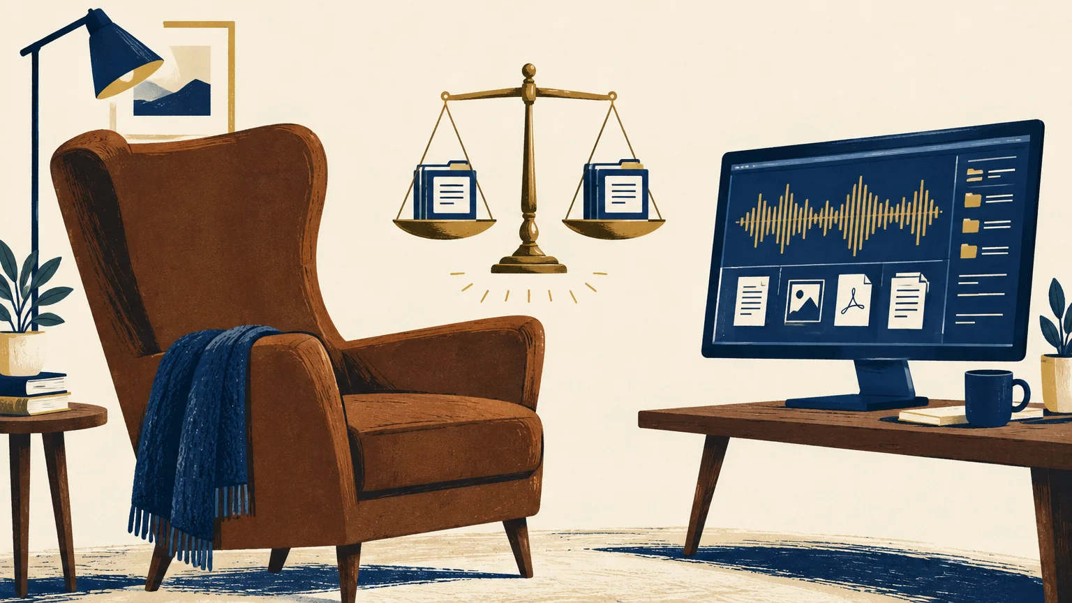 Illustration of a brown armchair beside scales of justice holding file folders and a computer monitor displaying files.