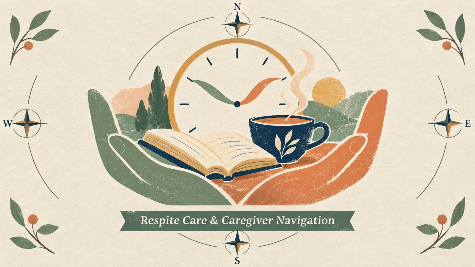 Hands holding an open book and steaming teacup against a clock, with a banner reading Respite Care & Caregiver Navigation.
