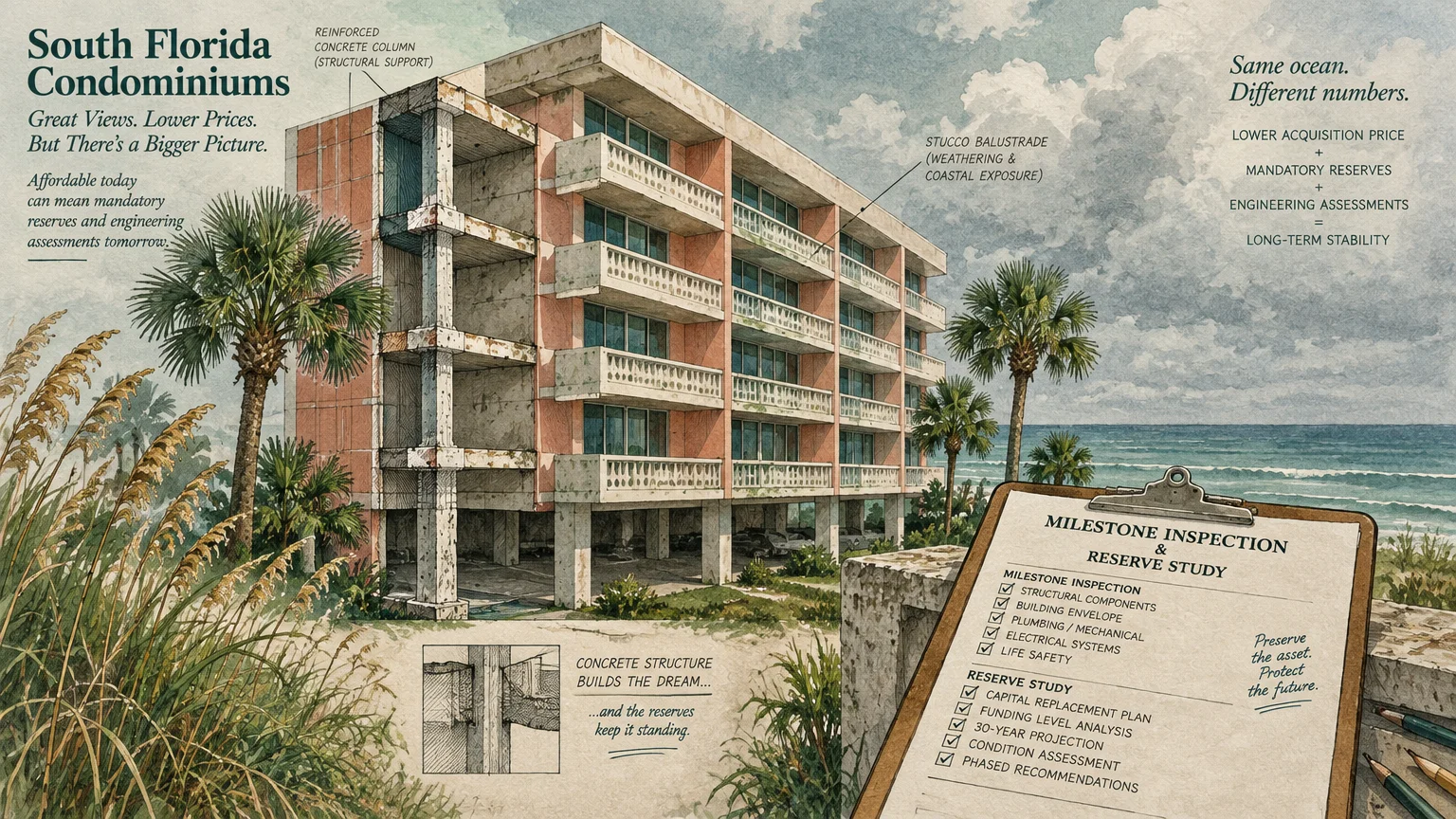 Illustration of a beachfront condominium showing exposed structural columns beside an inspection and reserve study clipboard.