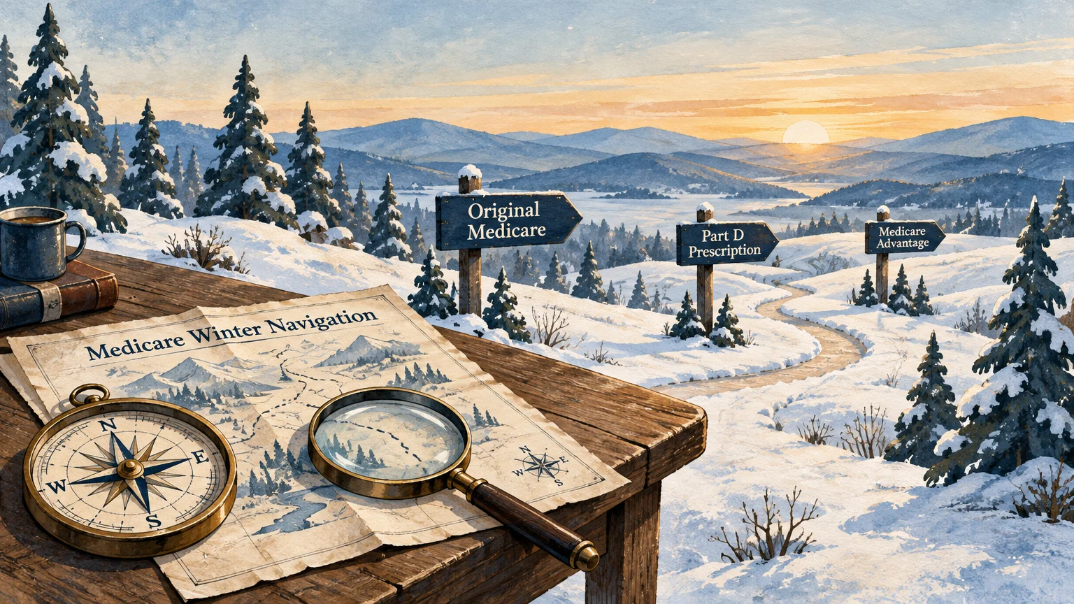 Snowy landscape with signs for Medicare options, beside a wooden table with a winter navigation map, compass, and magnifier.
