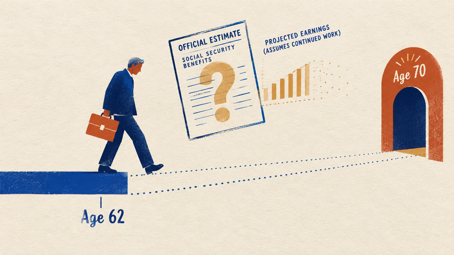 Illustration of a man stepping off a path labeled age 62 toward a doorway marked age 70 past a benefit statement.