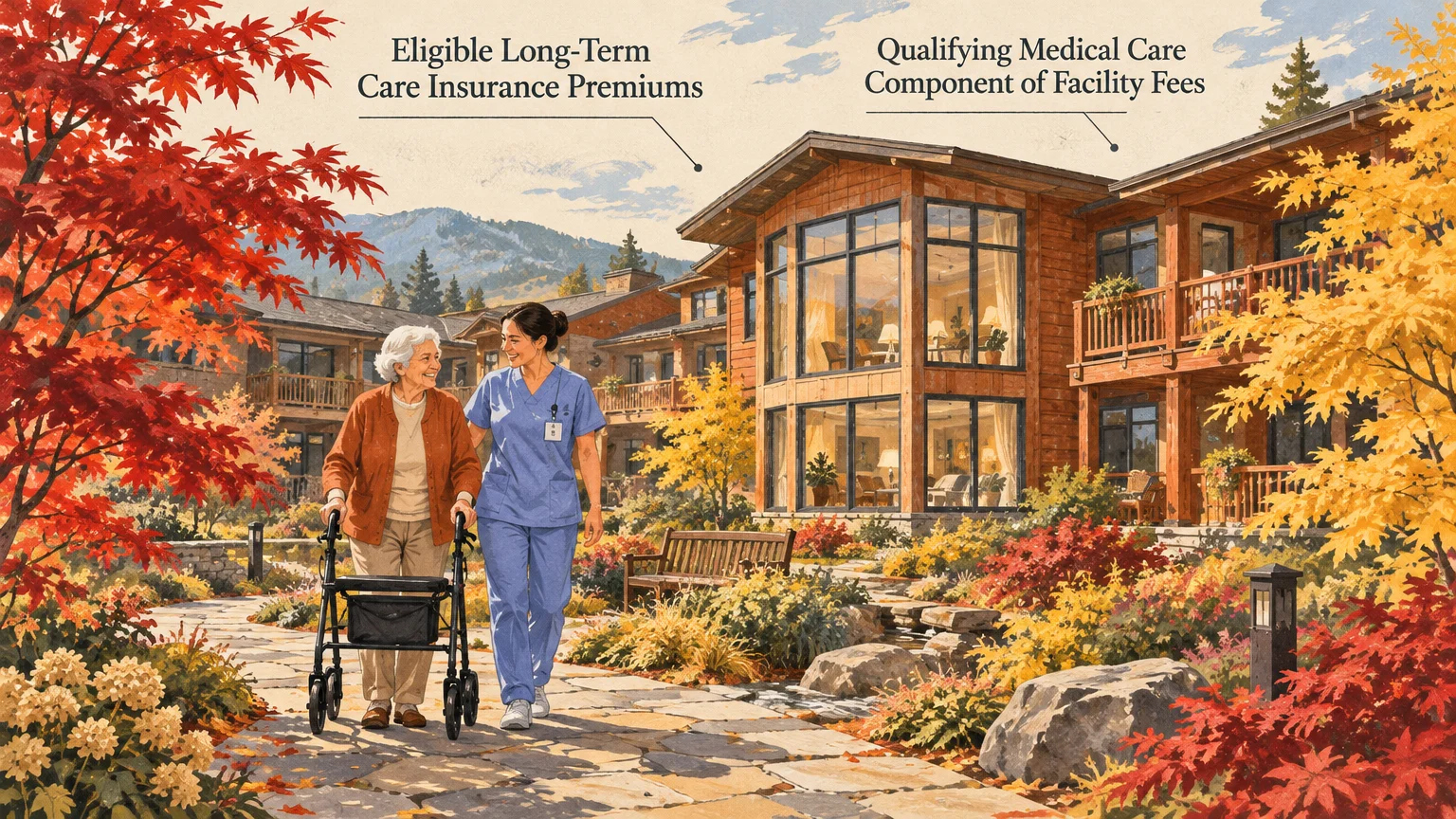 Illustration of a caregiver walking with a senior woman using a walker outside an assisted living community in autumn.