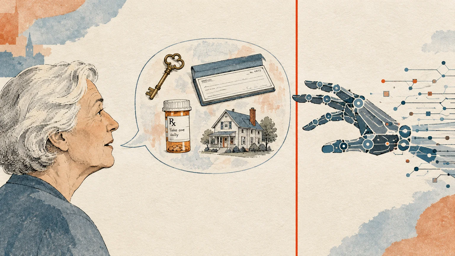 Illustration of an older woman speaking personal items like checks and medicine toward a robotic digital hand.