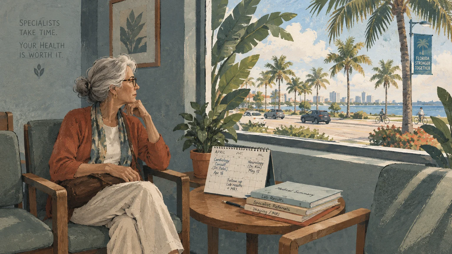 Senior woman sitting in a waiting room beside medical files on a table, looking out a window at palm trees and traffic.