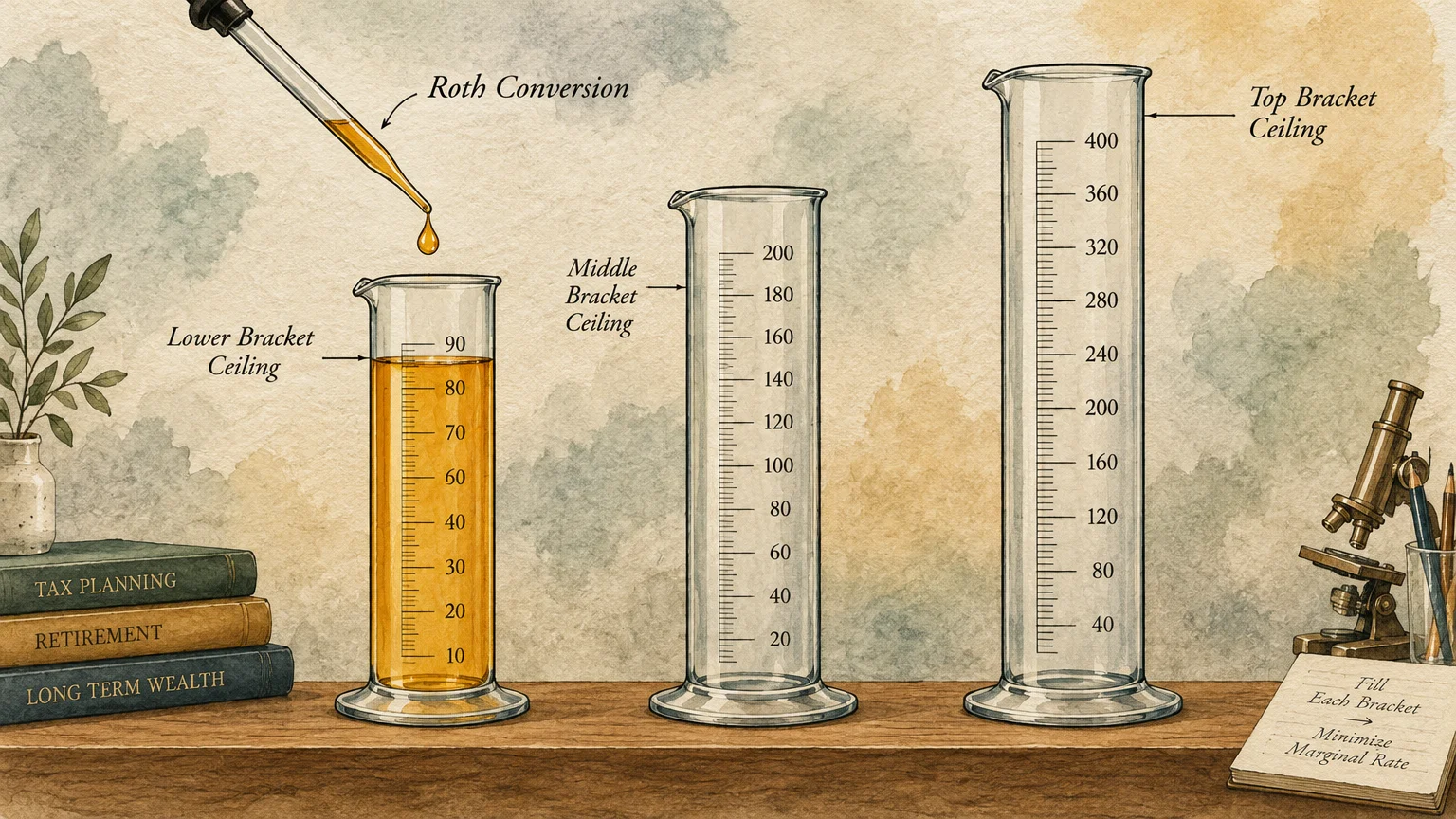 Illustration of three graduated cylinders labeled as tax brackets, with an eyedropper filling the lowest cylinder.