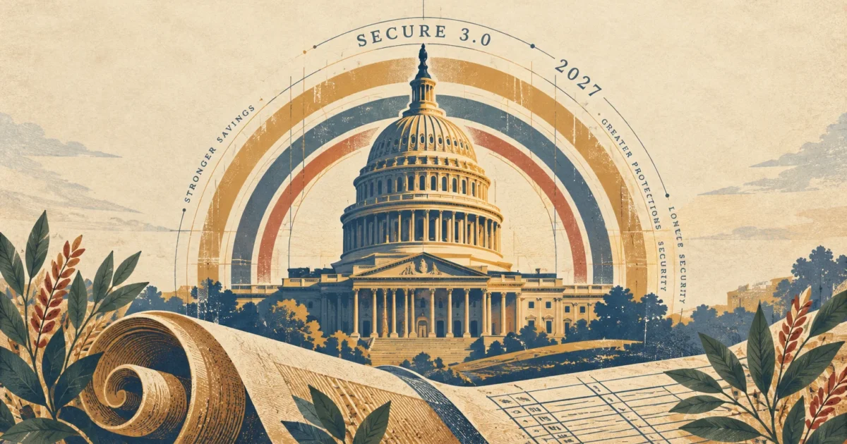Vintage illustration of the US Capitol dome framed by circular stripes reading SECURE 3.0 and 2027 above a rolled document.