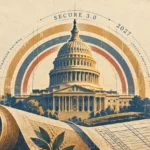 Vintage illustration of the US Capitol dome framed by circular stripes reading SECURE 3.0 and 2027 above a rolled document.