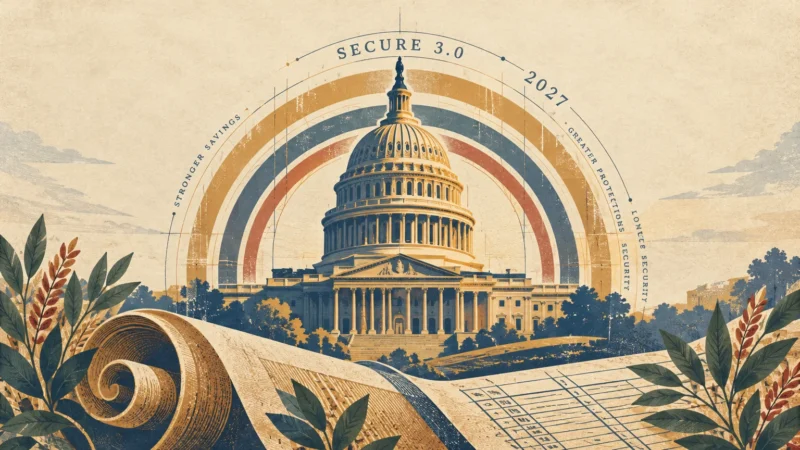 Vintage illustration of the US Capitol dome framed by circular stripes reading SECURE 3.0 and 2027 above a rolled document.