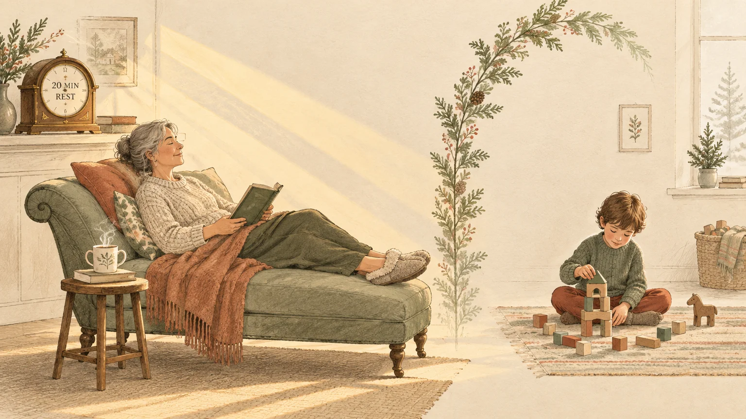 Illustration of a woman relaxing on a chaise lounge with a book while a young boy plays with wooden blocks nearby.