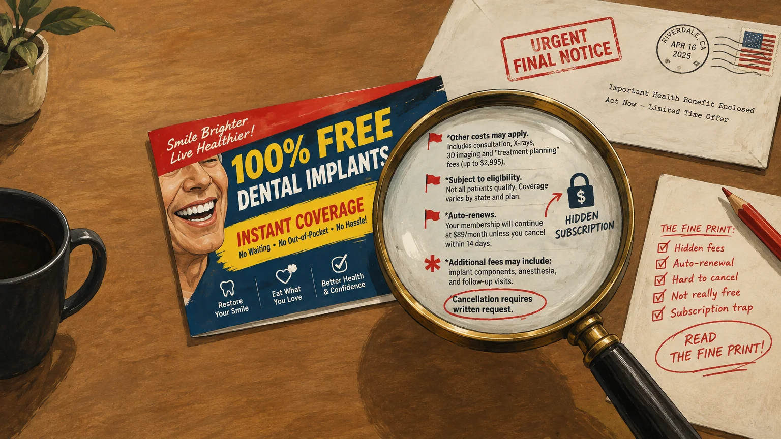 Magnifying glass highlighting fine print and hidden fees on a misleading dental flyer on a wooden desk.