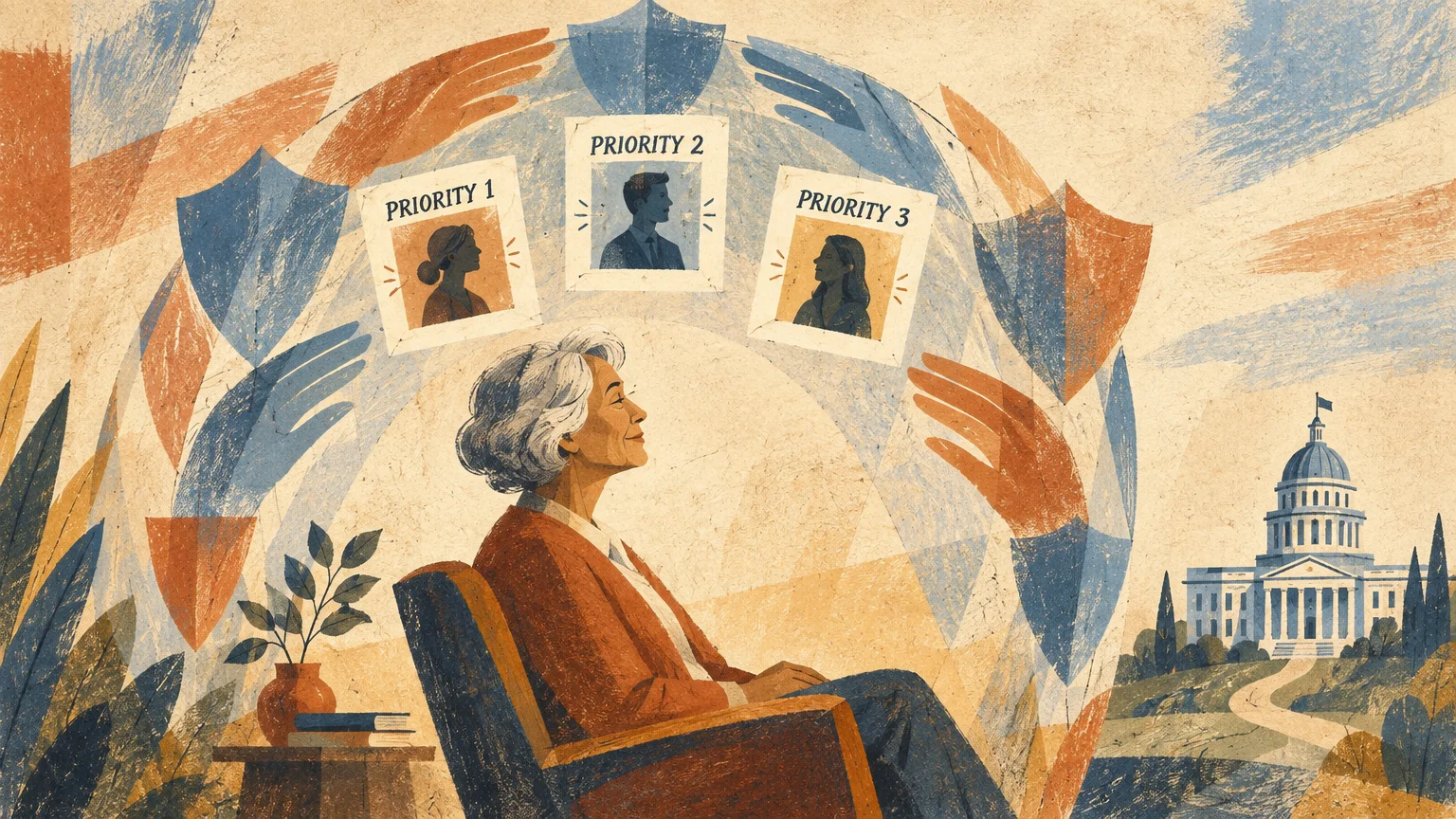 A seated woman framed by protective hands and three portraits labeled Priority 1, 2, and 3, beside a capitol building.