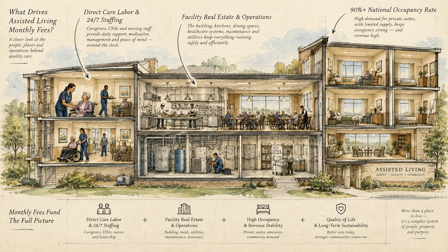 Cutaway illustration of an assisted living facility showing resident rooms, dining areas, kitchens, and staff at work.