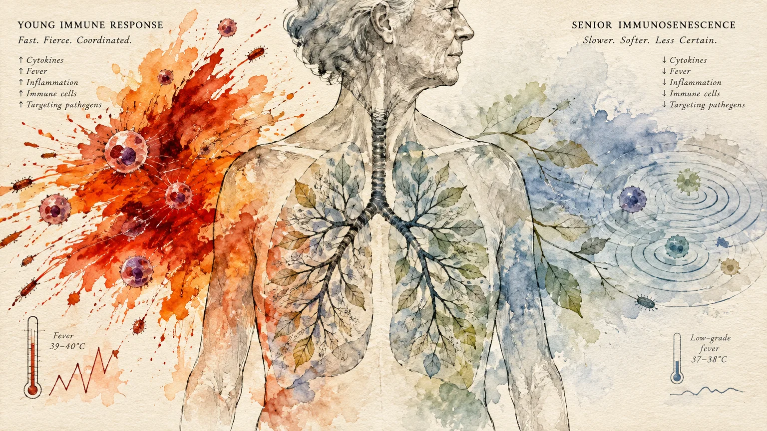 Split illustration contrasting an intense red young immune response with a muted blue senior immune response across lungs.
