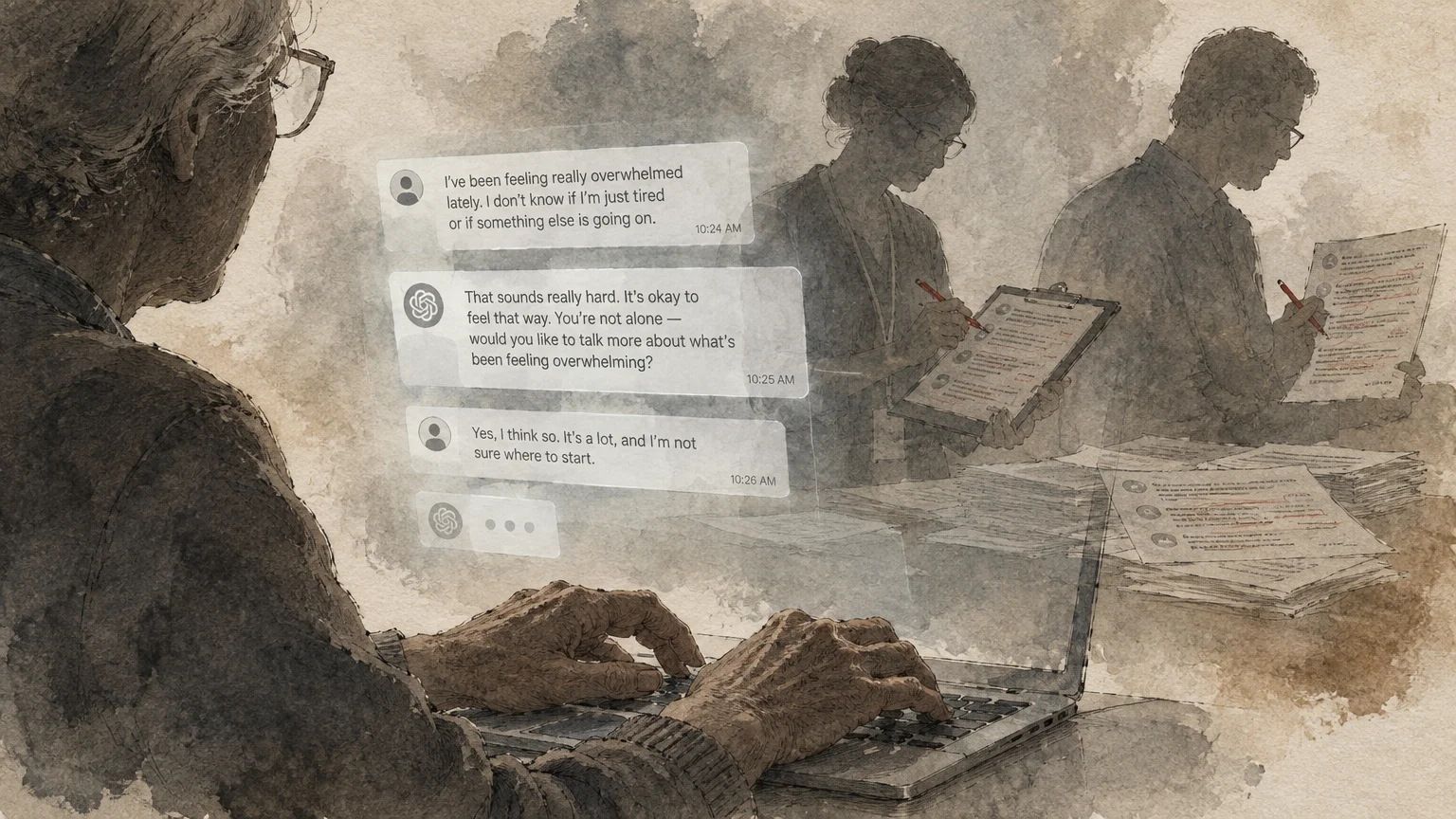 Illustration of a person typing on a laptop with chat bubbles beside two reviewers evaluating printed transcripts.