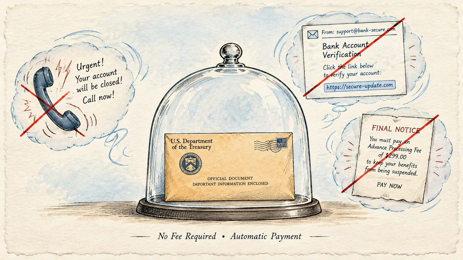 Treasury envelope protected under a glass cloche beside crossed-out scam notices and phone call alerts.