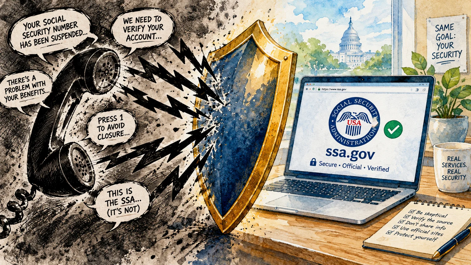 Illustration of a shield blocking scam phone calls from reaching a laptop open to the official Social Security website.