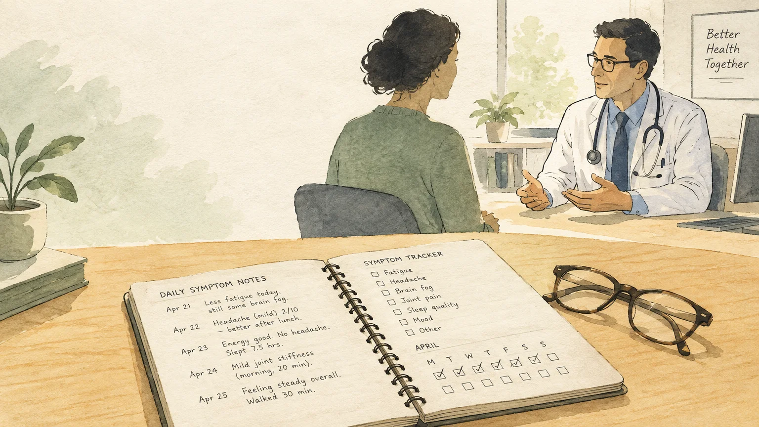 Watercolor illustration of a patient consulting a doctor, with an open symptom tracker notebook and glasses on the desk.