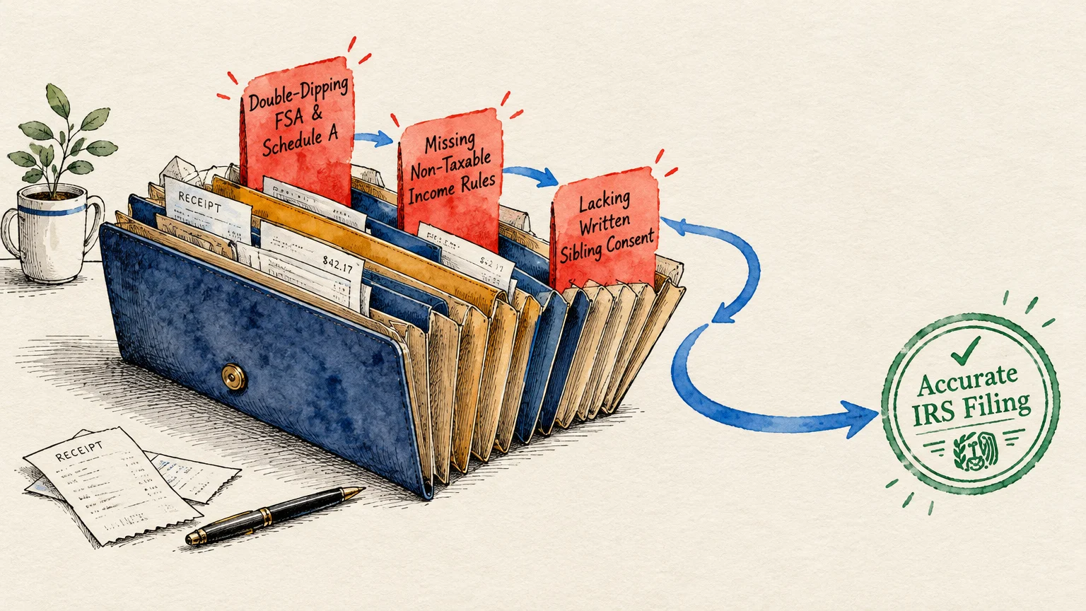 Accordion file holding receipts with red warning tabs pointing along a blue arrow to an Accurate IRS Filing stamp.